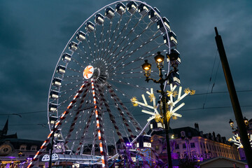 Night view of Orleans' Ferris wheel, on place Martroi, France