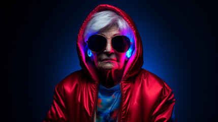 elderly woman in hoodie and sunglasses
