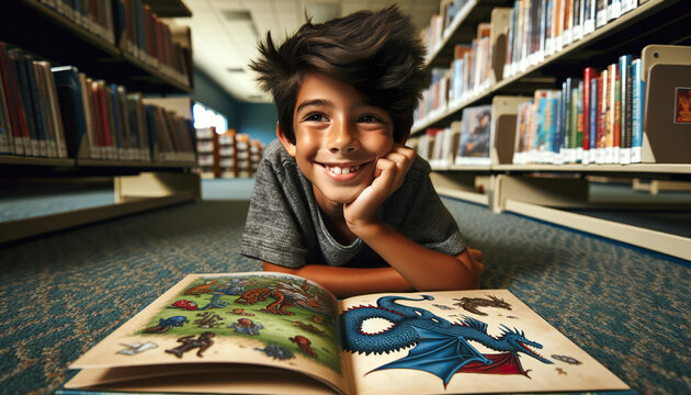 A happy Caucasian boy reads a book on the library floor. Reading exercises the Brain provides free entertainment and Improves Concentration. 