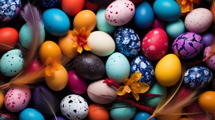 Fototapeta na wymiar Beautiful Easter background with brightly colored eggs, flowers, feathers. Close up, top view.