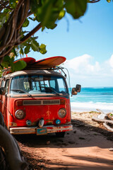 Surf's Up: Red Van Lounging by the Shore