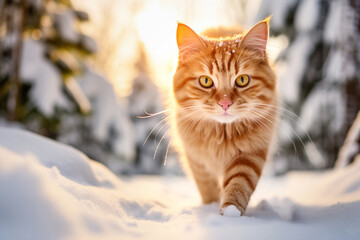 Fototapeta premium Red cat walks gracefully through snowy meadow against forest, sunlight