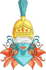 The tattoo on the girl’s head is a beautiful one and a helmet. The design depicts the face of a young woman, blindfolded, against a background of red flowers. Sticker, emblem. Vector illustration.
