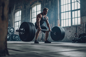 man lifting the barbell during workout training in a gym - obrazy, fototapety, plakaty
