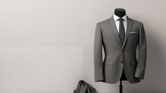 Mannequin in a suit and tie standing in front of a grey background.
