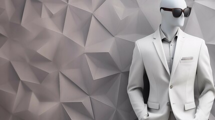 Mannequin wearing a white suit and sunglasses on the abstract geometric wall.