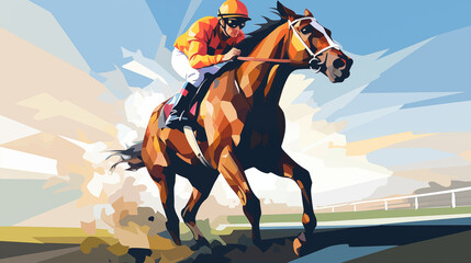 Vector Of Jockey On Horse, Champion Horse Is Doing Exercise, Jockey on racing horse. Sport. Champion. Hippodrome. Racetrack. Equestrian. Derby. Speed. Generative Ai.  