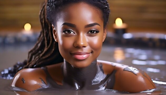 Woman having a Mud Bath with Facial Mask in Wellness Resort or Spa - Relaxation, Skin Care and Mental Recovery 