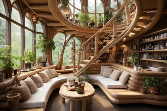 House with bamboo or wooden natural interior decoration style inspiration ideas