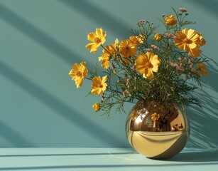 yellow spring flowers in a golden vase on pastel blue background with shadows. Generative AI