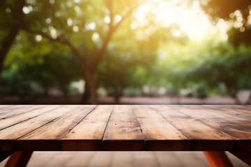 Naklejka na ściany i meble empty wooden table with blur tree