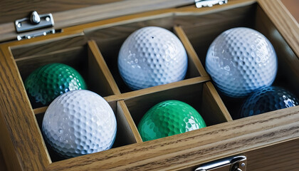 Close-up of three golf balls in a wooden box