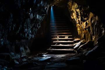 Escalier remontant d'un caverne creusée dans la roche - obrazy, fototapety, plakaty
