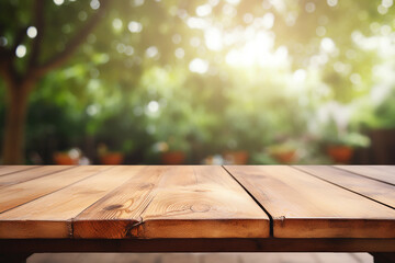 empty wooden table with blur tree