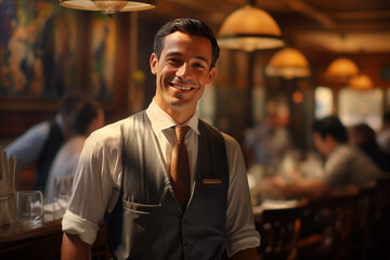 Smiling male waiter at work in a restaurant. Catering professions. Looking for a waiter in a restaurant. Seasonal server. AI. Work. Working.