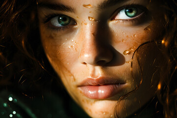 Portrait de femme avec gouttes d'eau sur le visage, en gros plan 