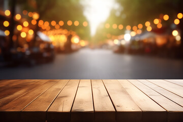 wooden table with blur city road