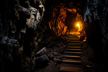 Escalier remontant d'un cave creusée dans la roche - obrazy, fototapety, plakaty