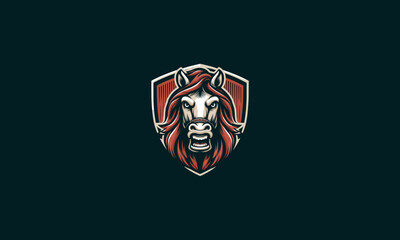 head horse angry with shield vector logo design