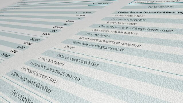 Business finance and income statement, accounting, statistics concept. 3d animation 4K. Bumpy paper texture