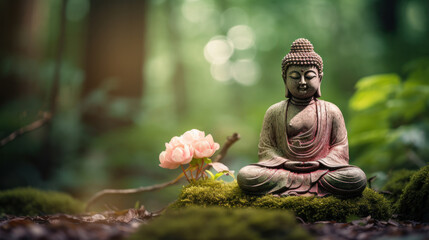 buddha statue on a rock in a blurred green bamboo jungle, fresh natural spa wallpaper concept with...