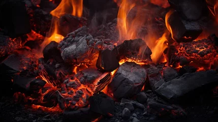 Raamstickers Burning firewood and coals of a fire close up. Background for grilled food with fire. © petrrgoskov