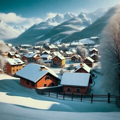 Snow Village Mountain Tree Landscape Winter background. A serene winter village nestled in a snow-covered valley surrounded by snow-capped mountains. Charming houses of varying sizes and shapes create
