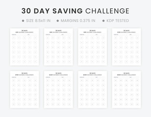 30-Day Money Saving Challenges Printable and Monthly Savings Tracker, Finance Planner Notebook - obrazy, fototapety, plakaty