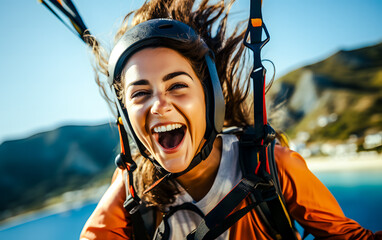 Femme effectuant un saut en parapente en montagne - obrazy, fototapety, plakaty