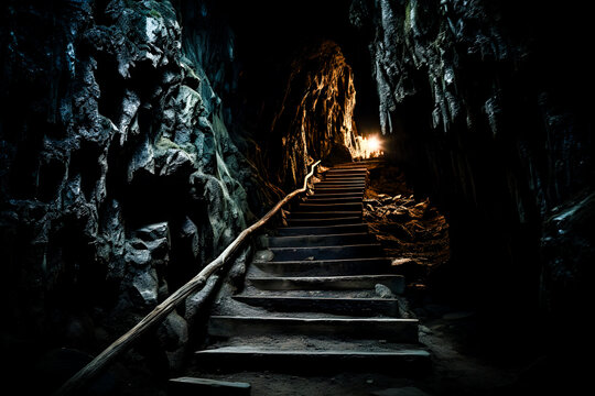 Escalier remontant d'un caverne creus&eacute;e dans la roche
