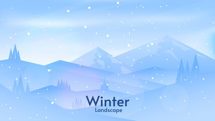 Fototapeta na wymiar Raster illustration. Snowfall. Clear blue sky. Flat winter landscape. Snowy background. Snowdrift. Design for banner, invitation, wallpaper.