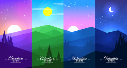 Mountains landscape in different parts of daytime. Sky with stars, moon, sun. Morning, noon, sunset and night. Hills with tree and mountains.	Raster illustration.
