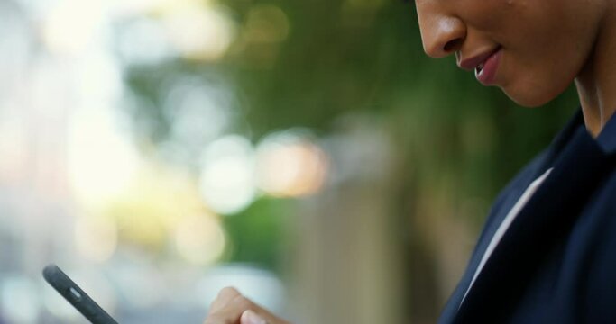 Woman, phone and hands for scrolling in street, communication and online research on technology. Happy black businesswoman, networking and browsing on internet, outdoors and web search on smartphone
