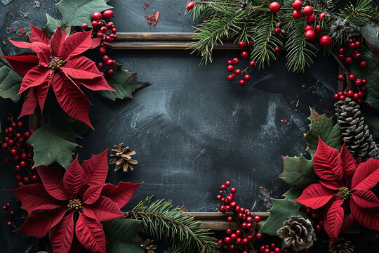 An editorial style photo of winter chalkboard frame with pine branches