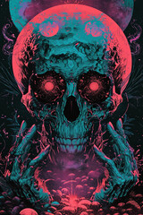 Hand drawn dark macabre art style, gothic, holographic blacklight poster