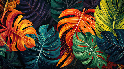 Fototapeta na wymiar A pattern of tropical leaves in various shapes and sizes, creating an exotic and vibrant jungle-like atmosphere Ai Generative