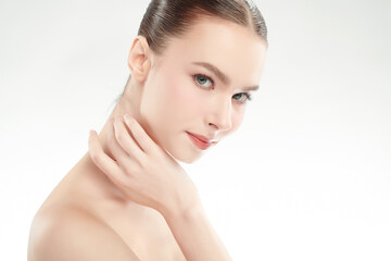 Beautiful young woman with clean fresh skin on white background, Face care, Facial treatment, Cosmetology, beauty and spa, women portrait.