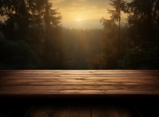 Empty wooden table with rays of light in the forest blurred background layout