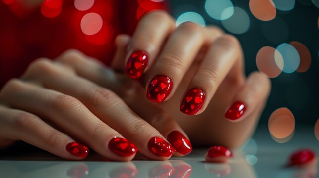beautiful fashion manicure in red colors with hearts design