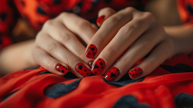 Female hands with manicure in red colors with hearts design