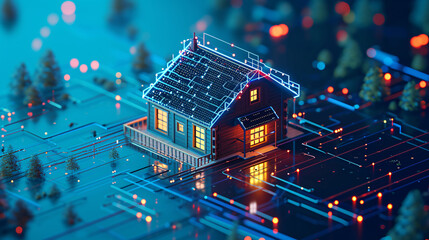 Connected Abode: Vector House on Blue Background with Beeple-inspired Detailing. Generated AI - obrazy, fototapety, plakaty