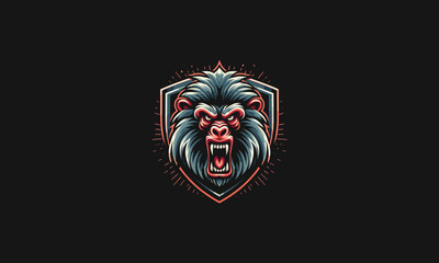 head monkey angry with shield vector logo design