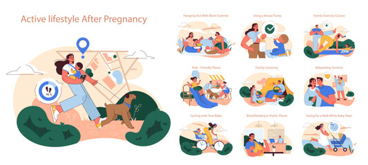 Fototapeta premium Active Lifestyle After Pregnancy set. New mothers enjoying outdoor activities, family bonding, and self-care. Embracing postpartum life.