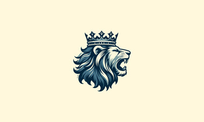 head lion wearing crown vector logo flat design
