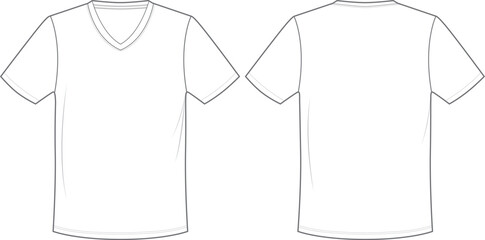 Unsex white V-neck t-shirt design templates (front, back views). Vector illustration. - obrazy, fototapety, plakaty