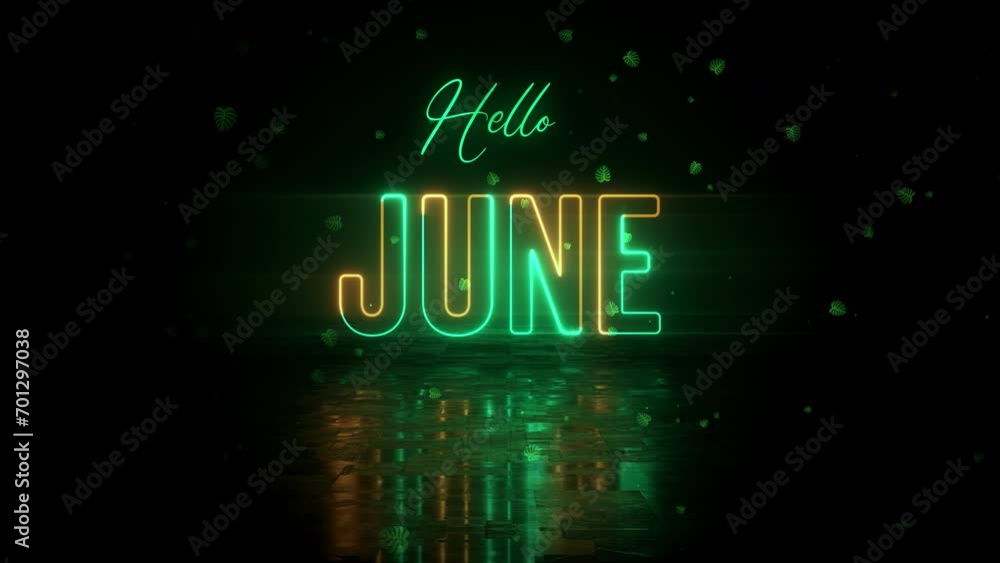 Poster festive turquoise orange glowing neon hello june text reveal with floor reflection amid the falling 