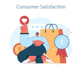 Consumer behavior. Purchase journey. A shopper expresses joy, celebrating top-tier customer satisfaction with a positive review and a number one badge. Flat vector illustration