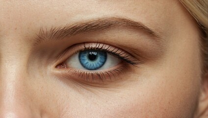 Fototapeta na wymiar High-resolution image capturing a detailed view of a blonde woman's blue eye, showcasing her natural eyelashes and well-groomed eyebrow, set against a neutral skin tone.