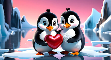Adorable penguin couple holding a valentine heart in the ice. Design for Valentine's day. 3d animation style. - obrazy, fototapety, plakaty