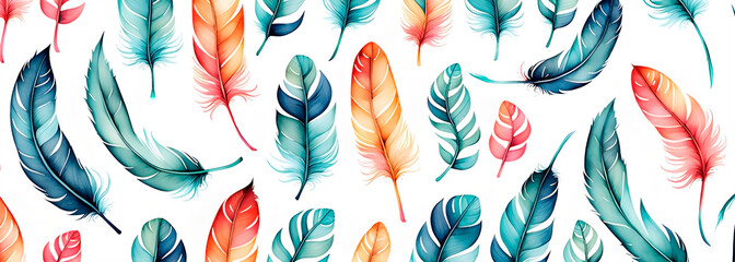 Colorful feather pattern in boho style. Vertical pattern. Watercolor painting style. Banner format.